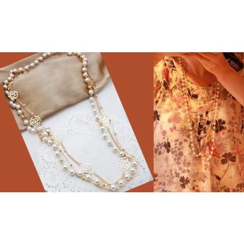 Fashion Long Faux Peal Multi Row Necklace Gold Tone 3 Layer Chain Camelia Flower Gift