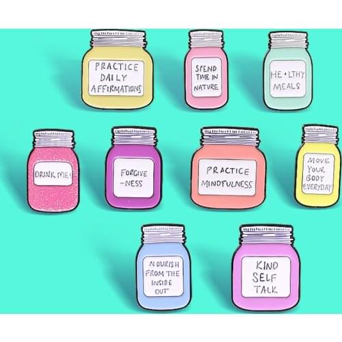 Cartoon Shiny Bottle Enamel Pins DRINK ME! HE LTHY MEALS Juice Drink Drift Pill Bottle Brooches for Women Badge Lapel Jewelry