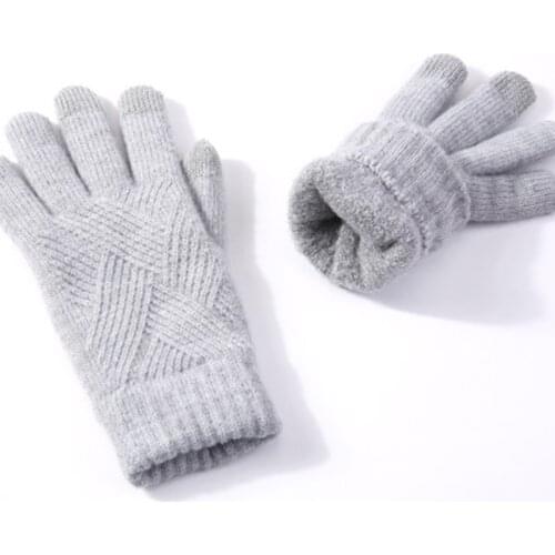 Men Women Winter Warm Knit Full Finger Mittens Female Solid Woolen Touch Screen Thick Velvet Warm Cycling Driving Gloves H46