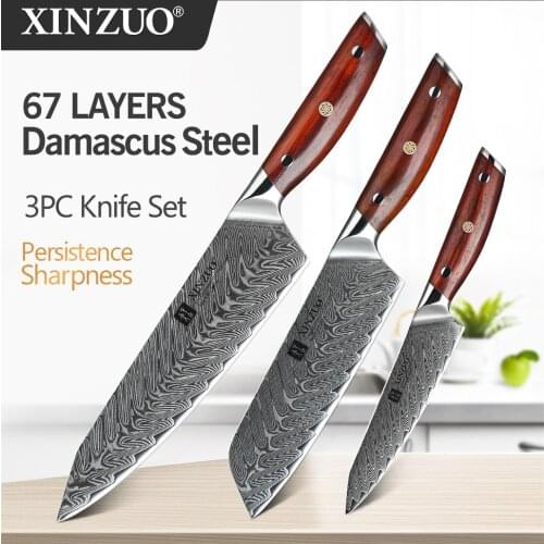 XINZUO 3PCS Kitchen Knives Set Damascus Steel Japanese Style Sharp Vegetables Meat Cleaver Paring Chef Knife Mosaic Rivet Handle