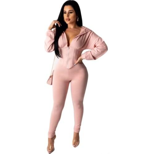 OMILKA Sporty 2 Piece Set Women Front Zipper Hooded Corset Tops and Long Pant Set 2020 Casual Club Party Tracksuits Outfits