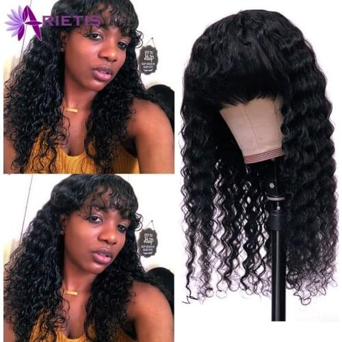Deep Curly Wig With Bangs Full Machine Made Wig For Black Women Brazilian Remy Hair Deep Wave Wigs With Curly Bangs