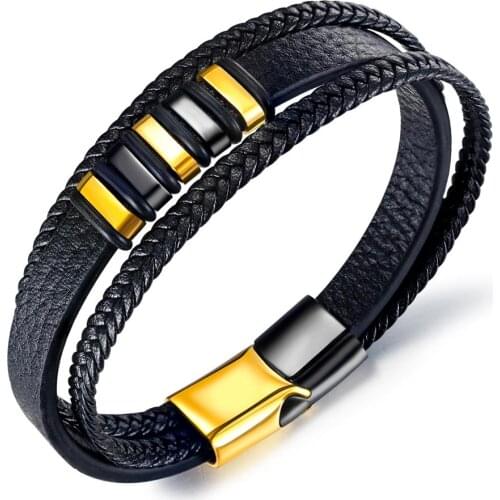 Braided three layers black leather bracelet men punk jewellery accessories Gold Stainless steel magnetic buckle heren armband