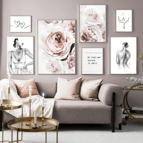 Almost kiss Pink Rose Peony Flower Sexy Woman Line Nordic Poster Wall Art Print Canvas Painting Decor Pictures For Living Room