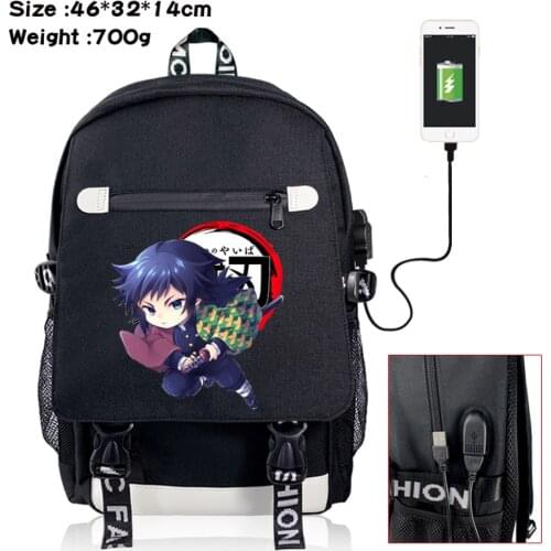 Anime Demon Slayer USB Charging Backpack Student Racksack Fashion Boys Girls Casual Packsack Canvas School Bag Zipper Laptop Bag