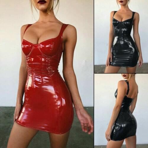 Hirigin Women Latex Faux Leather Bodycon Mini Dress 2021 Summer Sleeveless Strap Sexy Club Vestido