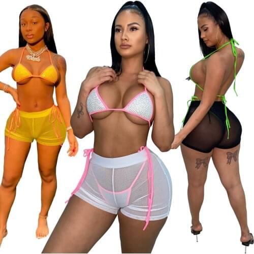 Adogirl Crystal Three Piece Set Swimsuit Halter Backless Bra + Underwear + Mesh Shorts Sexy 2021 Summer Beach Party Wear Outfits