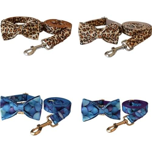 Animal The Leopard Grain and Mermaid BowTie dog collar Leash set Laser Engraving dog name tag for small dogs