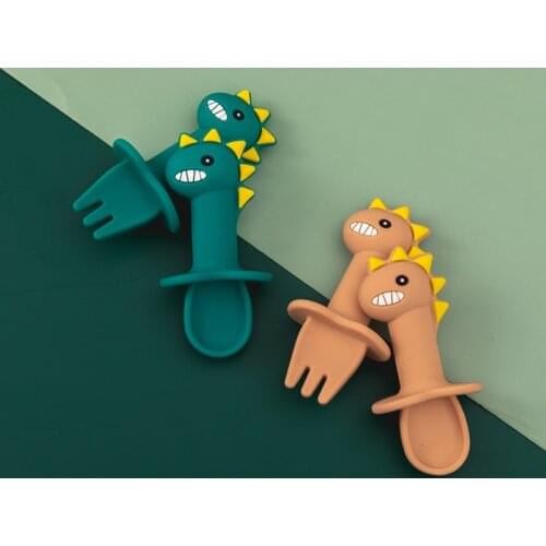 Fork Spoon For Baby Utensils Set Short Handle Easy Spoon Soft Silicone Cutlery Cartoon Teether Toy Feeding Kids Fork Spoon Set