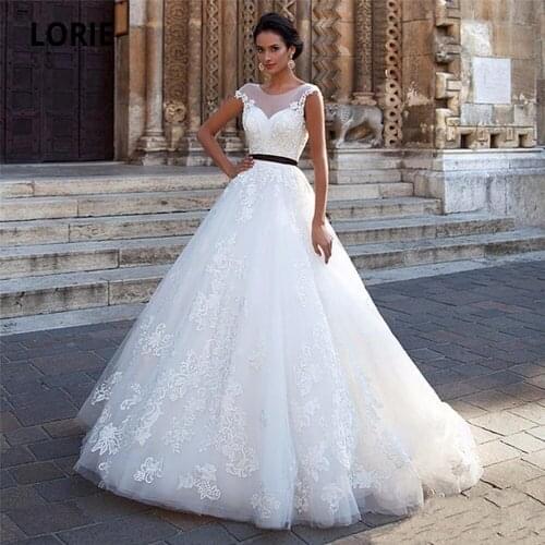 LORIE Cap Sleeve Wedding Dresses Lace Elegant Soft Tulle Ball Gown Beach Bridal Gown Open Back Marriage Gowns with Sashes