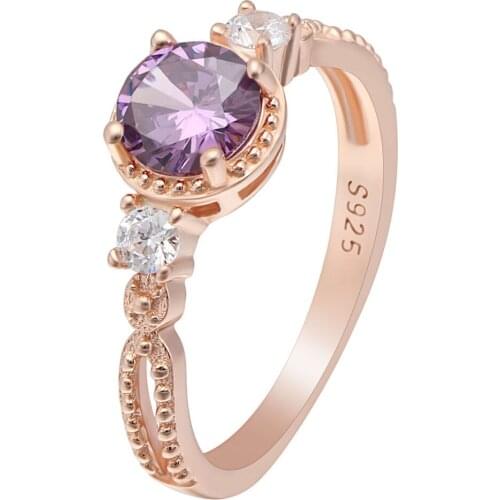 UFOORO S925 Sterling Silver Material Female Ring Fahion Purple Zircon Rose Gold Color Elegant Jewelry Gift For Women