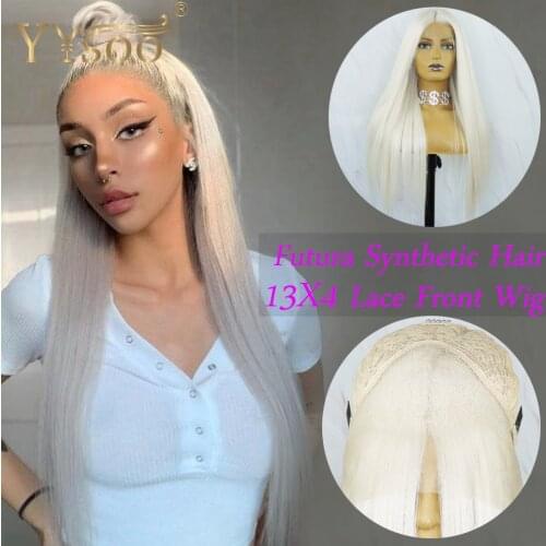 YYsoo Long 13x4 Synthetic Hair Lace Front Wigs 60# Color Futura Japan Heat Resistant Fiber Silky Straight White Grey Lace Wig