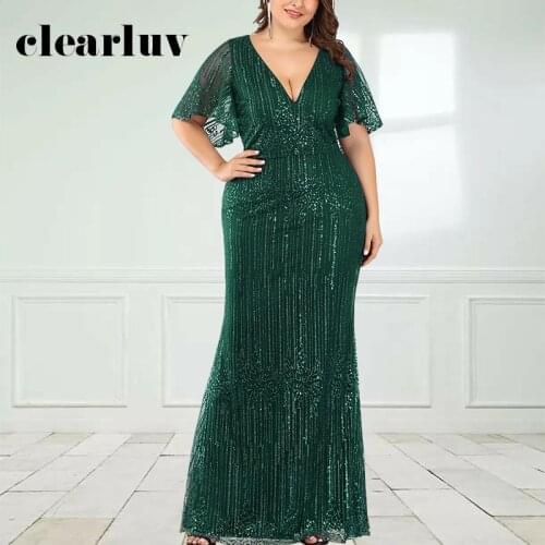Green Mermaid Evening Dress DR1538 Plus Size V-Neck Vestidos De Fiesta Shining Sequin Women Party Gown V-Neck Elegant Dresses