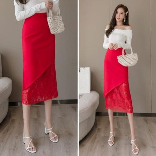 2021 Women Office Lady High Waist Skirts With Korean Lace Stitching Formal Straight Blue Black Red Skirt 2xl Hollow Out