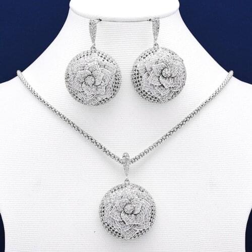 Mootree Elegant Flower Wheel Full Micro Paved Full Cubic Zircon Copper Women Wedding Engagement Earring Necklace Jewelry Set