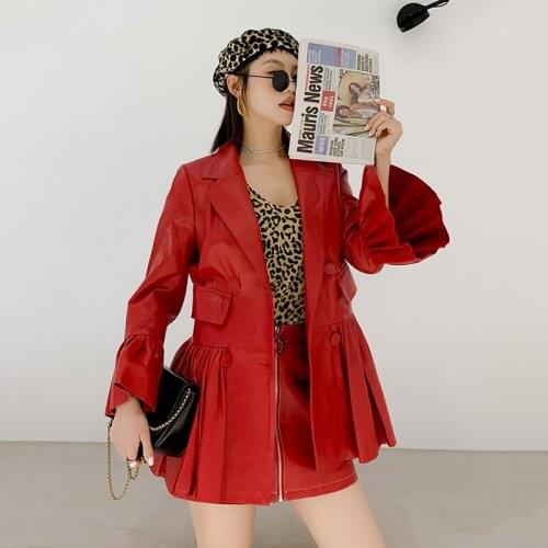 Elegant Double Breasted Pleated Ruffles Jacket Women Genuine Sheepskin Real Leather Long Blazer Coat Flare Sleeve Clothes Ladies