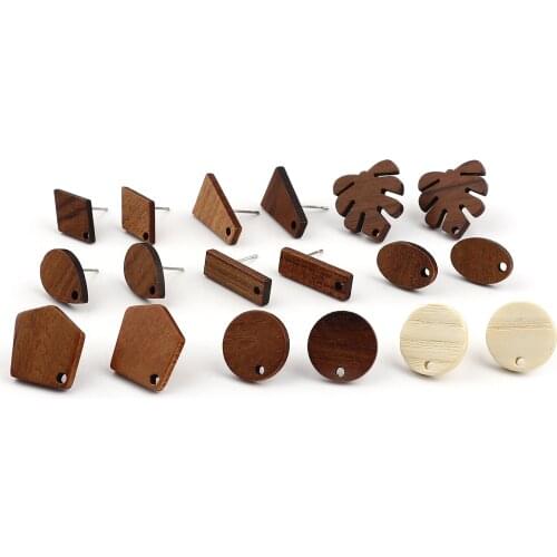 DoreeBeads Handamde Natural Wood Ear Post Stud Earrings Findings W/ Loop Round Leaves Shaped DIY Making Earrings Jewelry Gifts