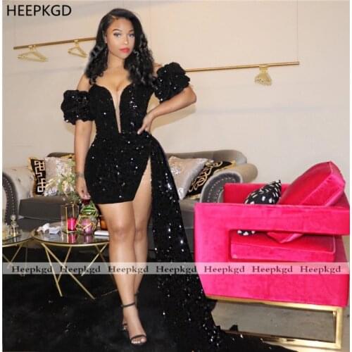 Short Prom Dresses 2021 With Train Off The Shoulder Sheath Sparkly Sequin Black Girls Graduation Party Prom Gowns Custom Made