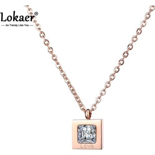Lokaer Fashion Necklace Rose Gold Color Collarbone Necklace Chain CZ Square Pendant For Women Stainless Steel Jewelry N18242