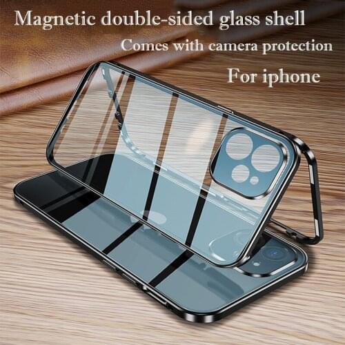 Metal Magnetic Double-sided Glass Case For iPhone 11 12 Pro Max XR X XS Max 12 Mini Camera Protection Cover