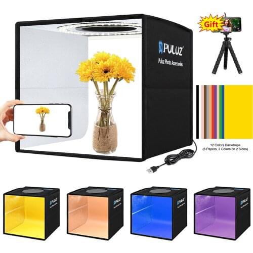 PULUZ Mini Folding Lightbox LED Ring Light Photo Studio Shooting Tent Box Kit 12 Colors Background USB Light Box for DSLR Camera