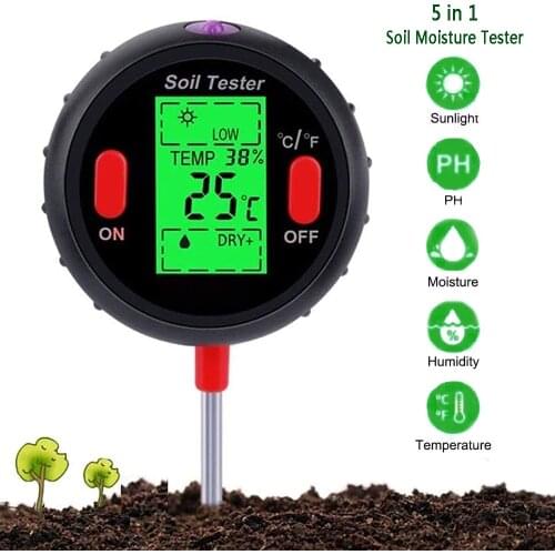 5 in 1 Multifunction Soil Ph Meter Soil Moisture Monitor LCD Display PH Tester Temperature Sunlight Intensity Testing Tool