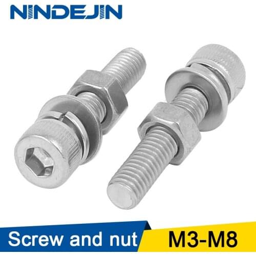 NINDEJIN Hex Socket head cap screw Bolt and Nut Set with plain Washers 304 Stainless Steel Hex Screw M3 M4 M5 M6 M8 Screw Nut