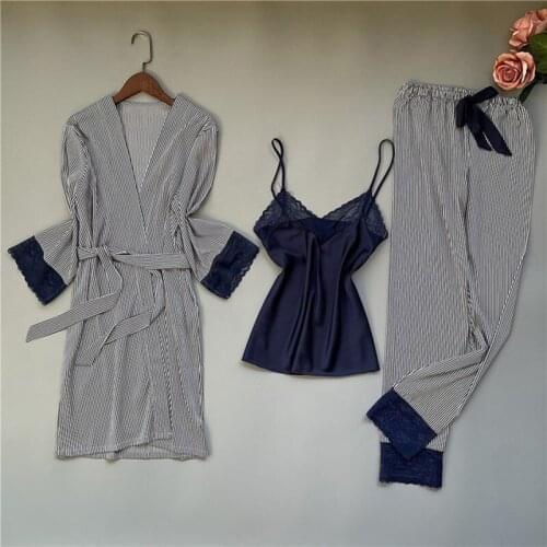 Womens pajamas suit spring summer Autumn long sleeves sleepwear Silk sexy suspender pants and robe 3pie set Korean home clothes