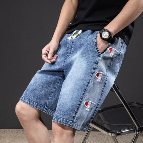 Five-point jeans elastic waist embroidery stitching XL mens shorts casual pants plus fat shorts