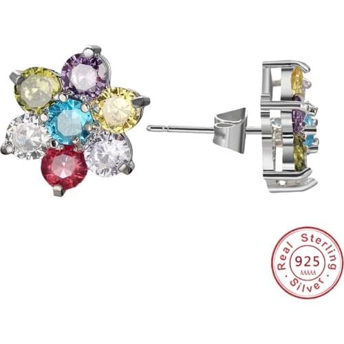 Colorful Cz Piercing Silver 925 Fine Jewelry Girl Flower Earrings Women Snowflake Stud Earrings Sterling Silver S925 Earring