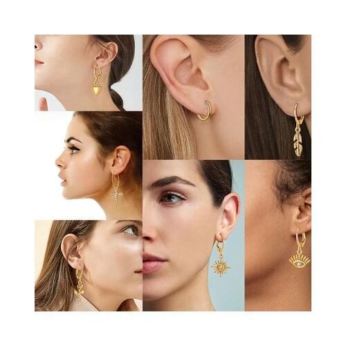 Gold Color Pendant Earrings Simple Geometric Cross Star Moon Hoop Earrings For Women Party 2021 Trends Jewelry