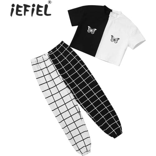 4-16Y Kids Girls Clothes Sets Butterfly Print Crop Tops+Plaid Pants Children Clothing Summer Teen Workout Dancewear Sports Sets