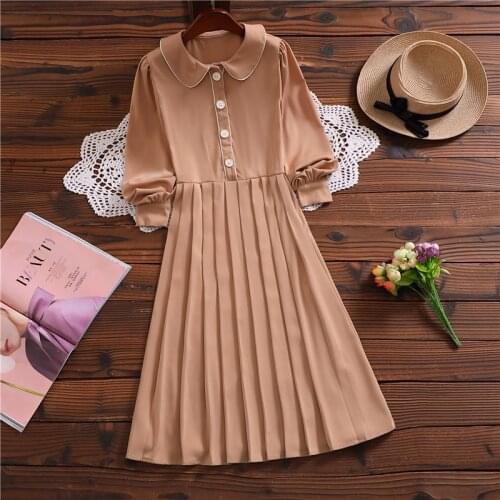 Spring fashion mori girl vestidos japanese style long sleeve women pleated camel dress