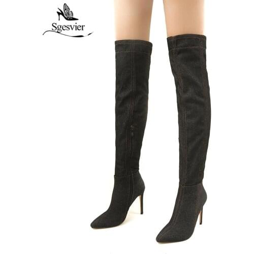 Sgesvier 2018 Fashion Sexy Denim Long Thin High Heel Boots Female Knight Ridding Knee High Tall Winter Boot Shoes Woman B709