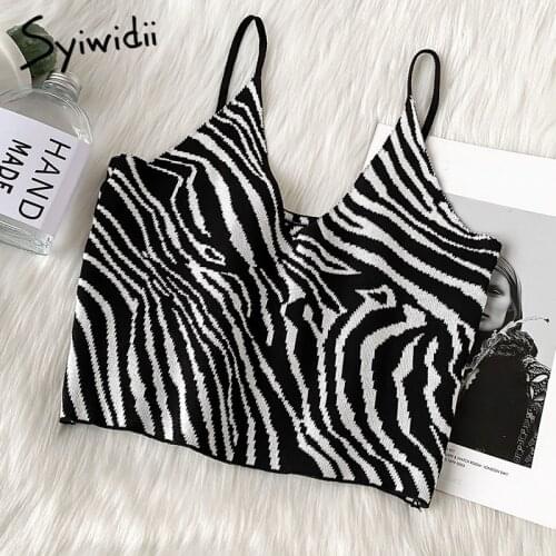 Syiwidii Zebra Pattern Crop Top for Women Knitted Striped Short Tank Tops Cute Girls 2021 Summer Korean Tank Top Black Clothing