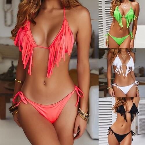 Women Sexy Push-up Swimwear Solid Color Tassel Halter Soft Bra+Lace-up Bandage Thong Bikini Set Swimsuit Bathing Suits