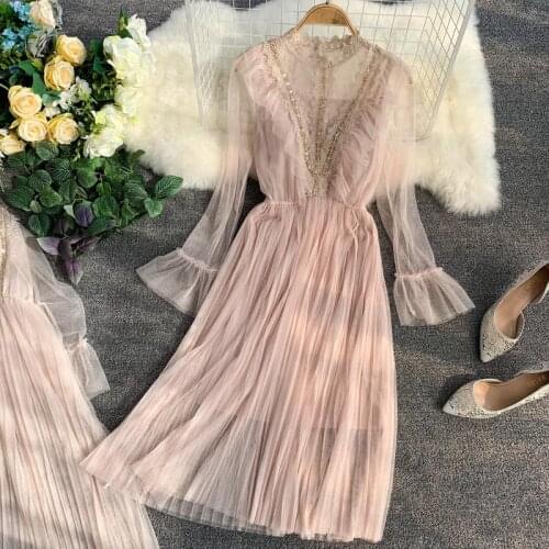 Women Hollow Out Flare Sleeve Pleated Lace Ruffles Dress Vintage Voile Mesh Gauze Sequins Slim High Waist Pullover Chiffon Dress