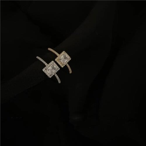 Korean Simple Trendy Luxury Geometric Square Crystal Rings For Women Girls Micro Paved Open Adjustable Ring Fashion Jewelry