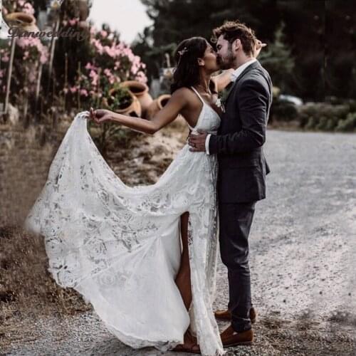 Junoesque Sexy Backless Lace Sheath Wedding Dresses Spaghetti Straps Side Split Chapel Train Bridal Dress Hot Sale Boho Dress