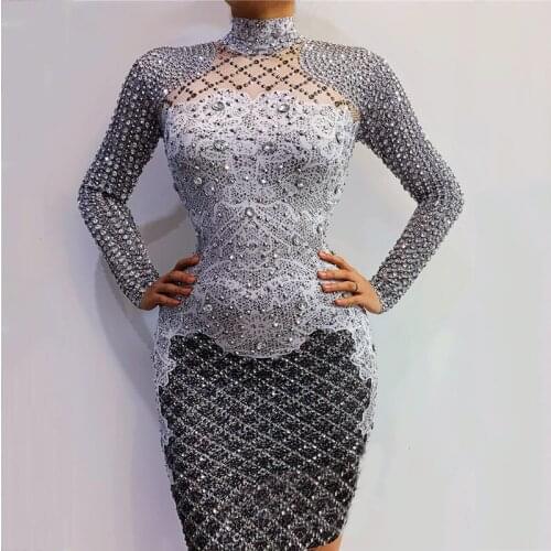 High Stretch Long Sleeve Rhinestone Short Dress Stage Dance Costume Women Singer Dancer Rave Outfit Festival Clothing XS2604