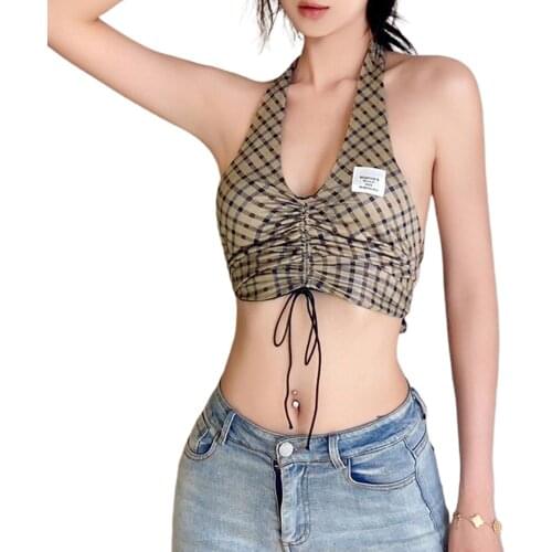 IMCUTE Y2K sexy smocked halterneck vest womens fashion U-neck sleeveless plaid print wrap breast top bow tie halter slim vest