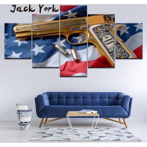Canvas Painting the gun on the American flag 5 Pieces Wall Art Painting Modular Wallpapers Poster Print Home Decor