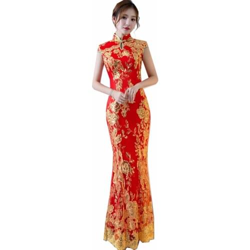 Shanghai Story chinese traditional dress Floral Sequins Long mermaid Qipao Short Sleeve Lace cheongsam dress Oriental Dress