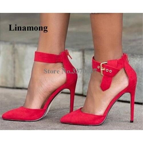 Classical Style Women Pointed Toe Red Suede Leather Stiletto Heel Pumps Ankle Strap High Heels Formal Wedding Dress Shoes