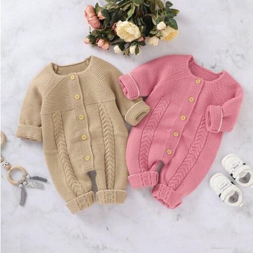 0-18M Romper Knitted Long Sleeve Warm Autumn Baby Clothes Newborn Baby Girl Boy Single Breasted O-Neck Solid Costumes