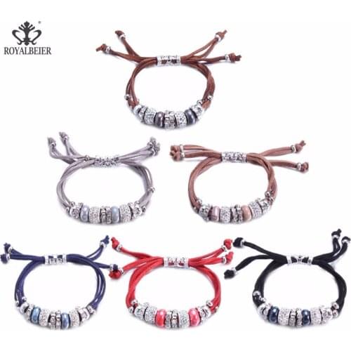ROYALBEIER Rhineston Leather Bracelet Charm Bracelet Bangle Adjustable Bracelet Bohemian Bracelets Women Bangles Female Jewelry