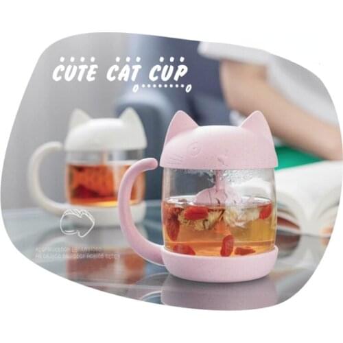 Cute Cat 250ml Glass Cup Tea Mug With Fish Infuser Strainer Filter Tea Cups Home Offices Drinkware Teaware Kitchen Accessories