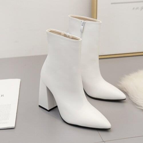 Fashion Luxury Women Chunky 10.5cm High Heels Fetish Sock Boots Soft Leather Block White Heels Ankle Boots Scarpins Shoes