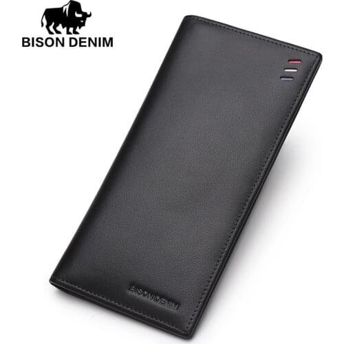 BISON DENIM fashion slim genuine leather men wallets long bifold credit card holder purse wallet