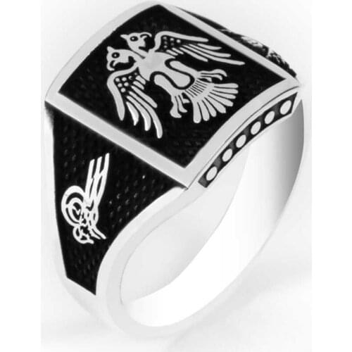 Men Handmade Silver Ring With Black Ottoman Tugra Flag Animal Eagle Motif, Seljuk Empire Ring, Solid 925 Sterling Silver
